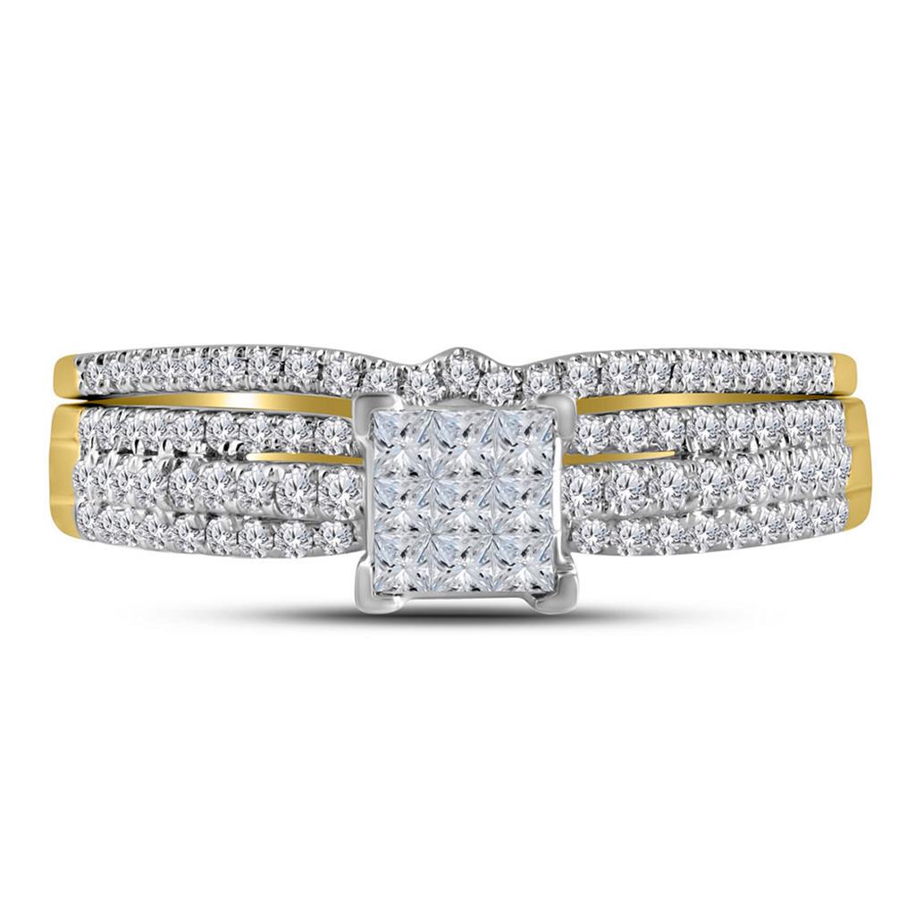14k Yellow Gold Princess Diamond Cluster Bridal Wedding Ring Set 1/2 Cttw