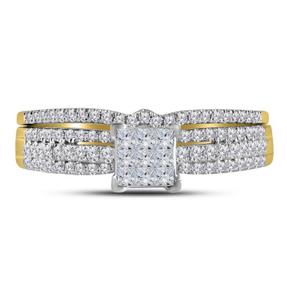 14k Yellow Gold Princess Diamond Cluster Bridal Wedding Ring Set 1/2 Cttw