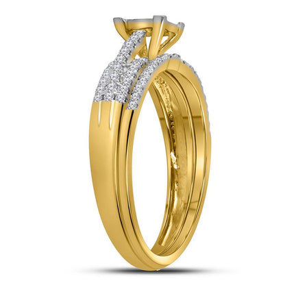 14k Yellow Gold Princess Diamond Cluster Bridal Wedding Ring Set 1/2 Cttw