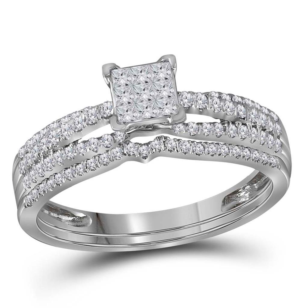 14k White Gold Princess Diamond Cluster Bridal Wedding Ring Set 1/2 Cttw