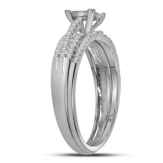 14k White Gold Princess Diamond Cluster Bridal Wedding Ring Set 1/2 Cttw