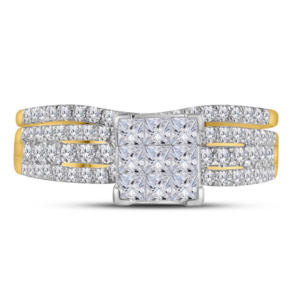 14k Yellow Gold Princess Diamond Cluster Bridal Wedding Ring Set 1 Cttw