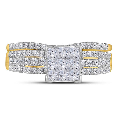14k Yellow Gold Princess Diamond Cluster Bridal Wedding Ring Set 1 Cttw
