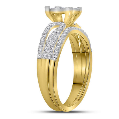 14k Yellow Gold Princess Diamond Cluster Bridal Wedding Ring Set 1 Cttw
