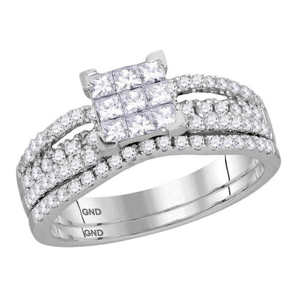 14k White Gold Princess Diamond Cluster Bridal Wedding Ring Set 1 Cttw