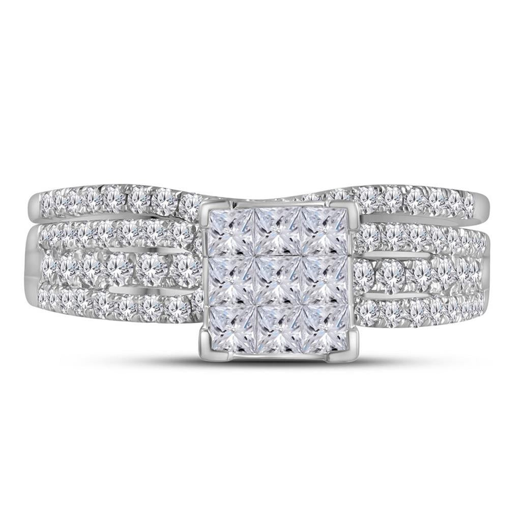 14k White Gold Princess Diamond Cluster Bridal Wedding Ring Set 1 Cttw