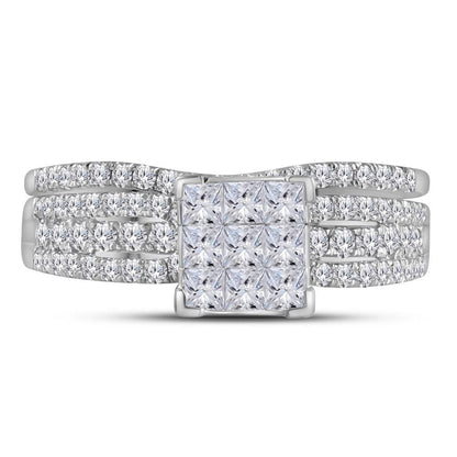 14k White Gold Princess Diamond Cluster Bridal Wedding Ring Set 1 Cttw