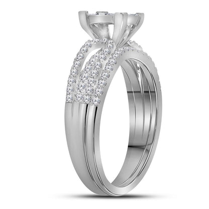 14k White Gold Princess Diamond Cluster Bridal Wedding Ring Set 1 Cttw