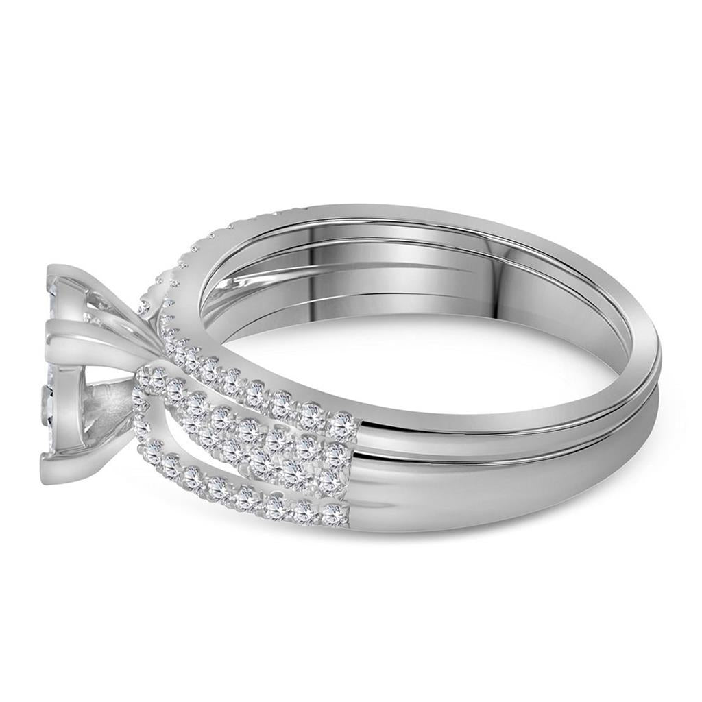 14k White Gold Princess Diamond Cluster Bridal Wedding Ring Set 1 Cttw