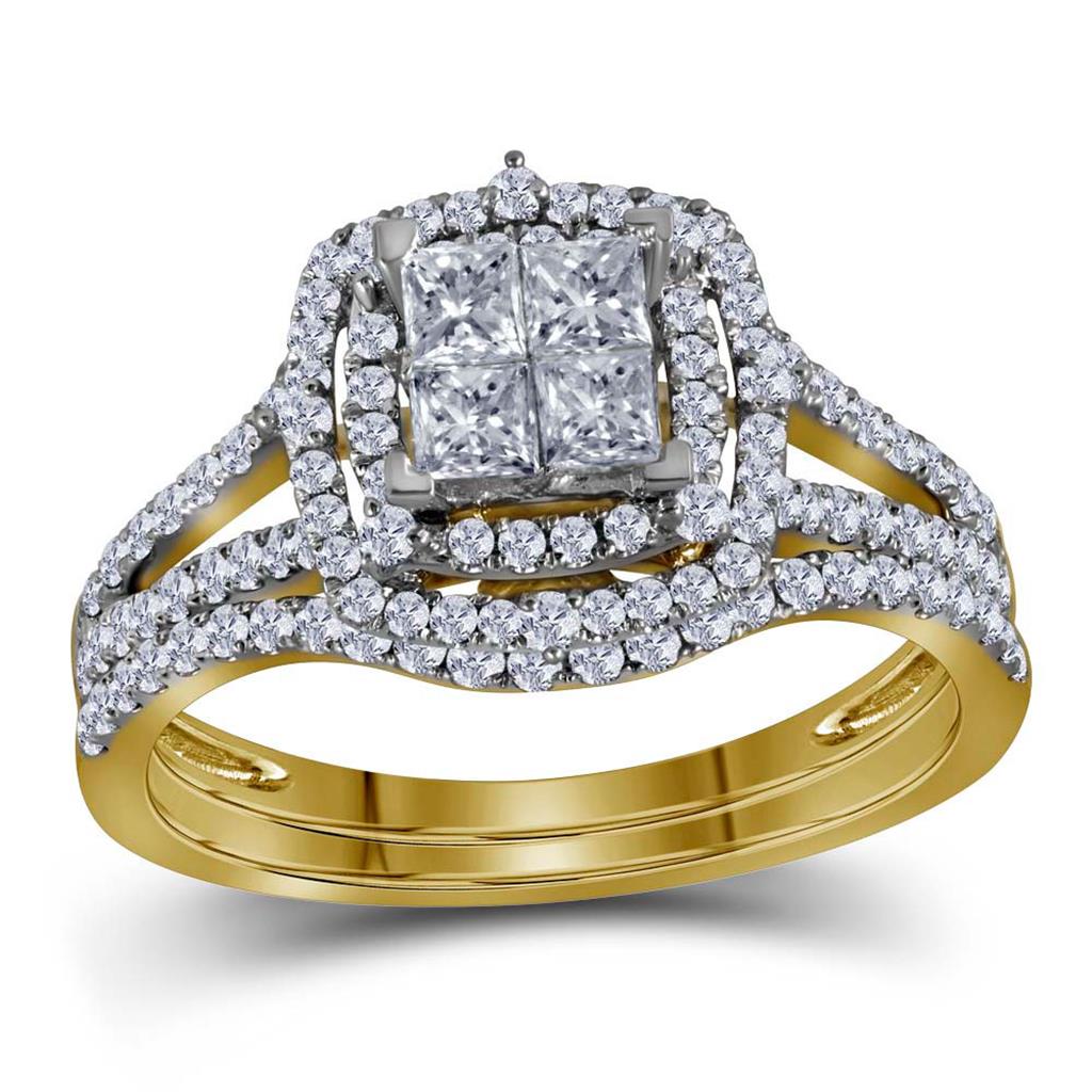 14k Yellow Gold Princess Diamond Halo Bridal Wedding Ring Set 1 Cttw