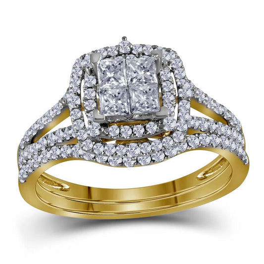 14k Yellow Gold Princess Diamond Halo Bridal Wedding Ring Set 1 Cttw