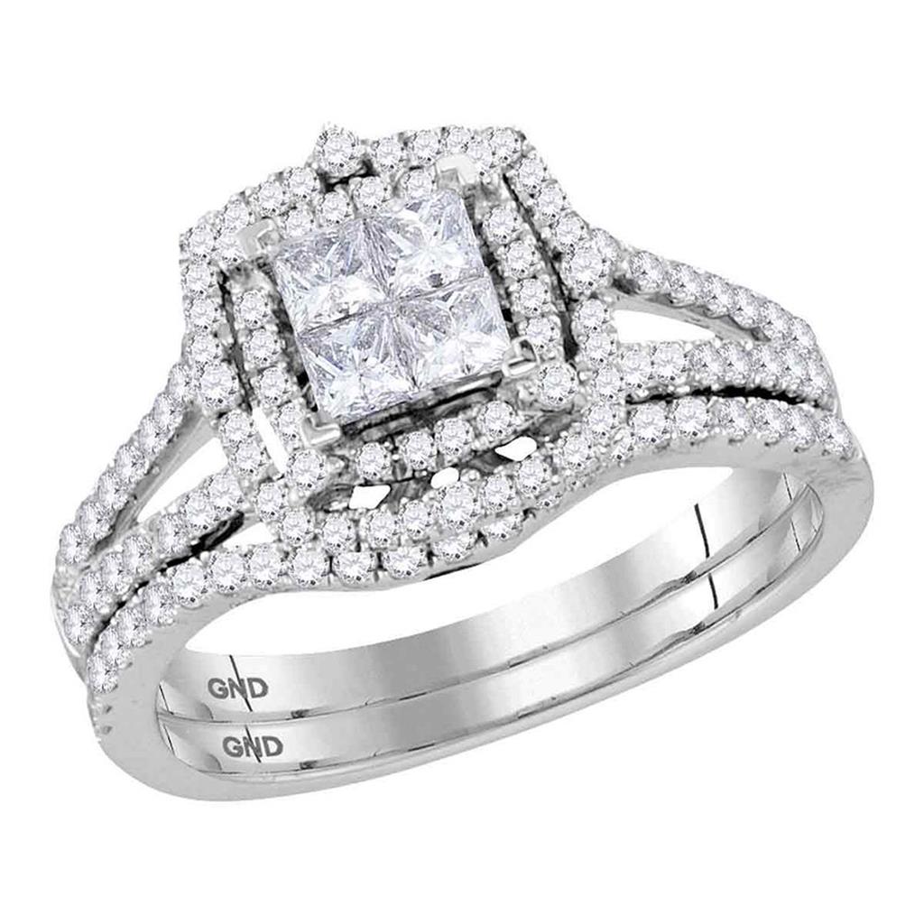 14k White Gold Princess Diamond Halo Bridal Wedding Ring Set 1 Cttw