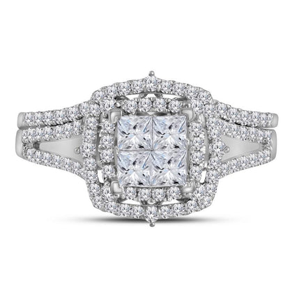 14k White Gold Princess Diamond Halo Bridal Wedding Ring Set 1 Cttw