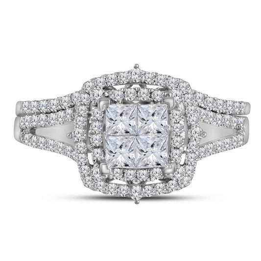 14k White Gold Princess Diamond Halo Bridal Wedding Ring Set 1 Cttw