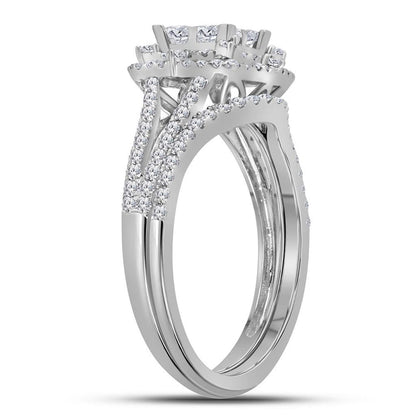 14k White Gold Princess Diamond Halo Bridal Wedding Ring Set 1 Cttw