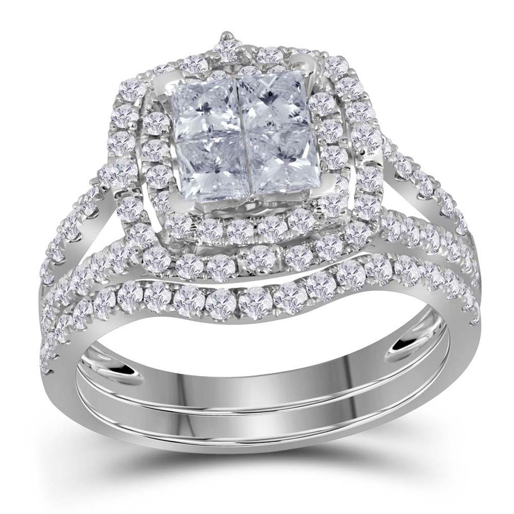 14k White Gold Princess Diamond Bridal Wedding Ring Set 1-1/2 Cttw
