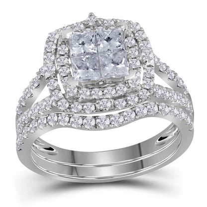 14k White Gold Princess Diamond Bridal Wedding Ring Set 1-1/2 Cttw