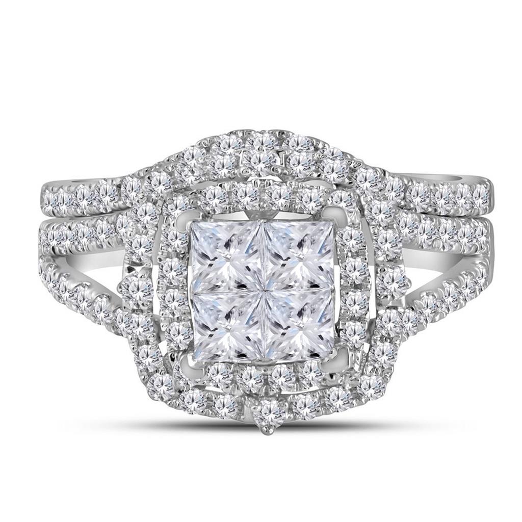14k White Gold Princess Diamond Bridal Wedding Ring Set 1-1/2 Cttw