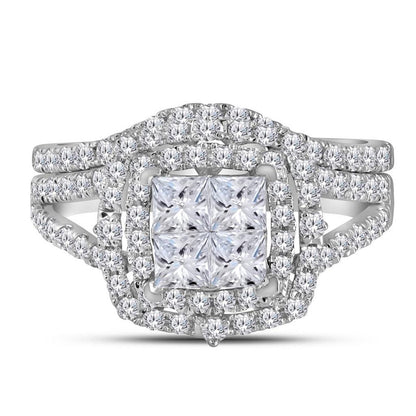 14k White Gold Princess Diamond Bridal Wedding Ring Set 1-1/2 Cttw