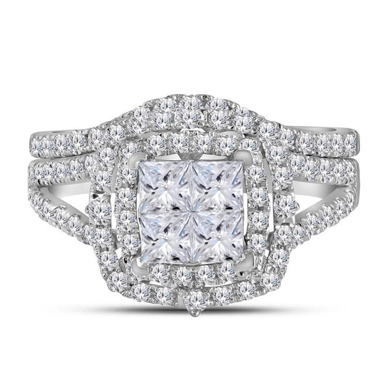 14k White Gold Princess Diamond Bridal Wedding Ring Set 1-1/2 Cttw