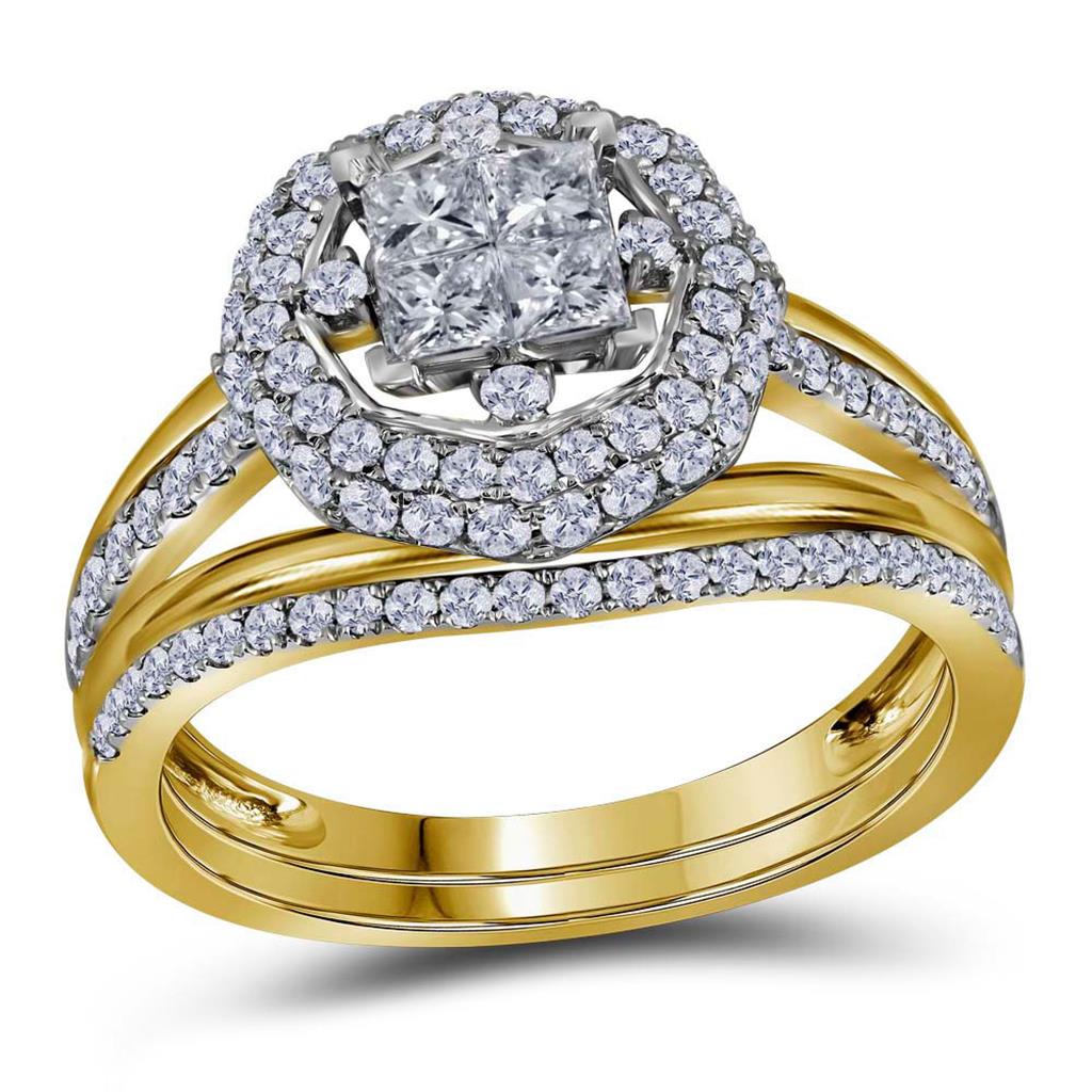14k Yellow Gold Princess Diamond Halo Bridal Wedding Ring Set 1 Cttw