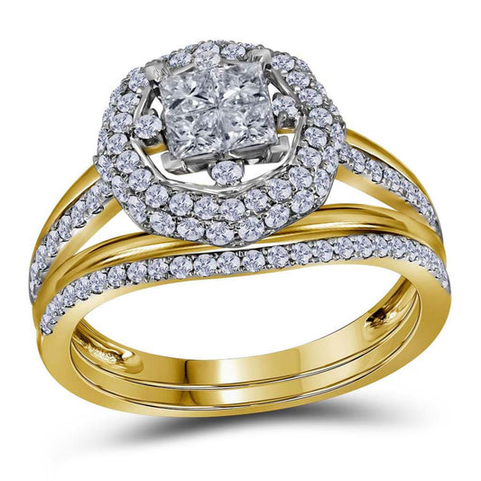 14k Yellow Gold Princess Diamond Halo Bridal Wedding Ring Set 1 Cttw