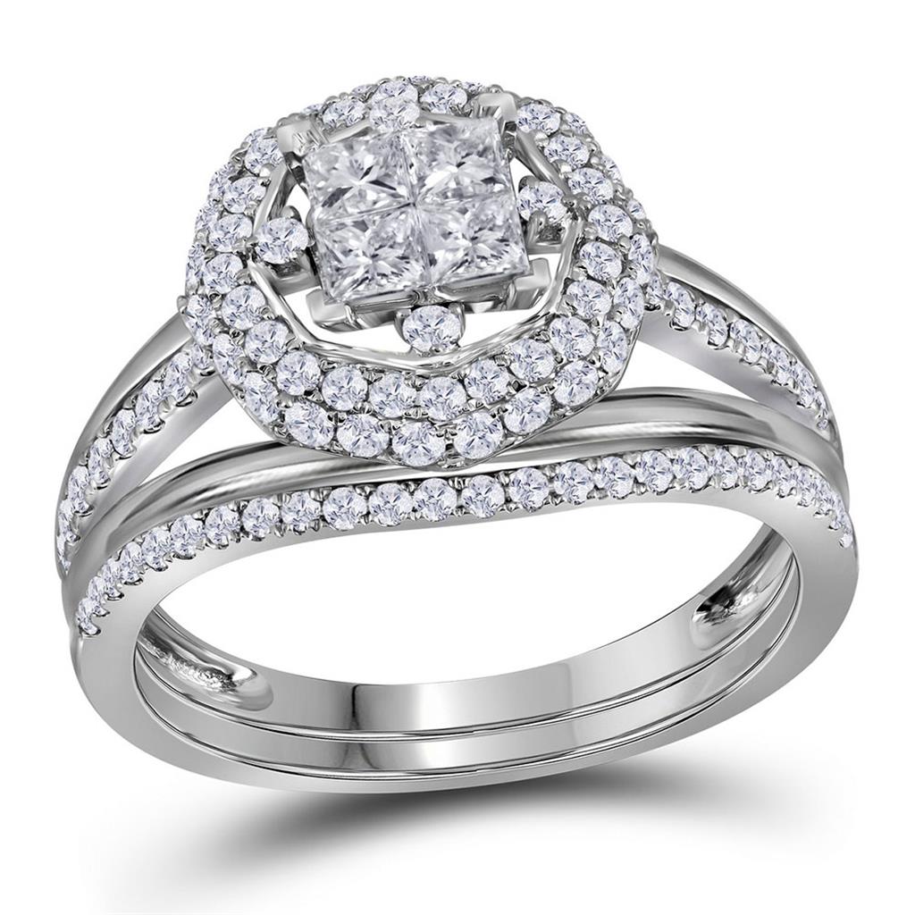 14k White Gold Princess Diamond Halo Bridal Wedding Ring Set 1 Cttw