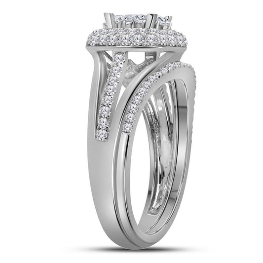 14k White Gold Princess Diamond Halo Bridal Wedding Ring Set 1 Cttw