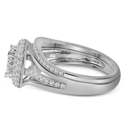 14k White Gold Princess Diamond Halo Bridal Wedding Ring Set 1 Cttw