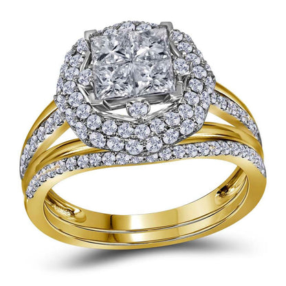 14k Yellow Gold Princess Diamond Bridal Wedding Ring Set 1-1/2 Cttw