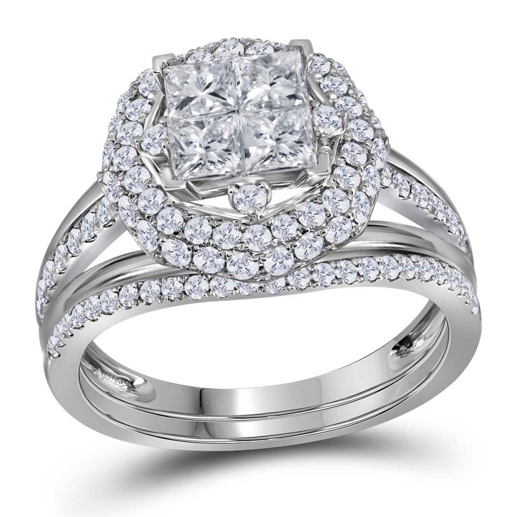 14k White Gold Princess Diamond Bridal Wedding Ring Set 1-1/2 Cttw