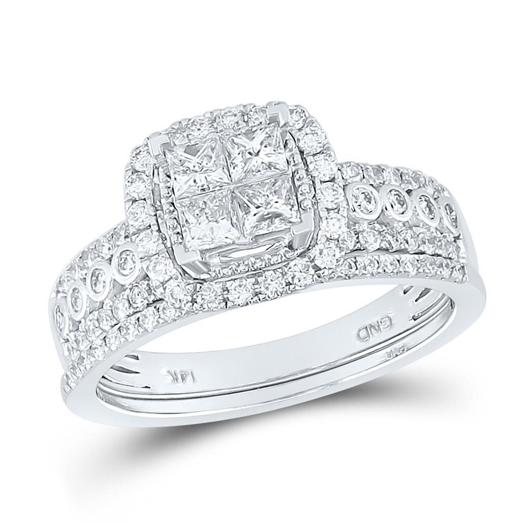 14k White Gold Princess Diamond Halo Bridal Wedding Ring Set 1 Cttw
