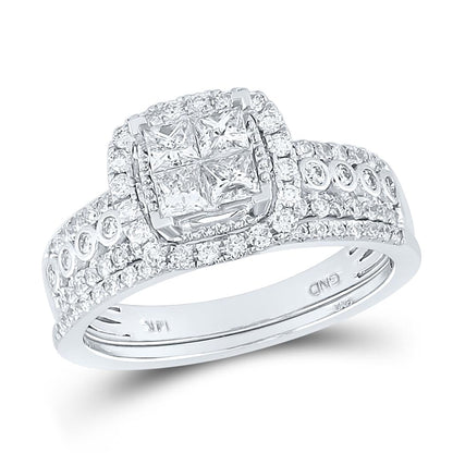 14k White Gold Princess Diamond Halo Bridal Wedding Ring Set 1 Cttw