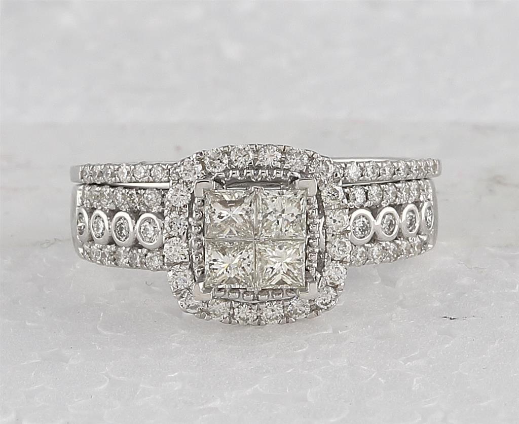 14k White Gold Princess Diamond Halo Bridal Wedding Ring Set 1 Cttw
