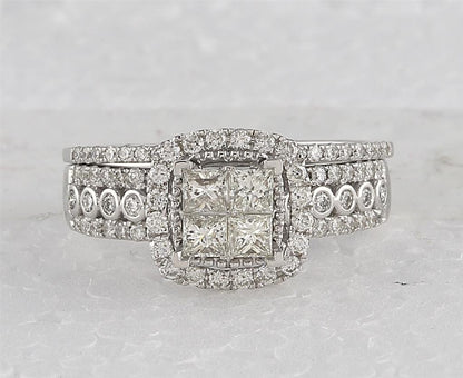 14k White Gold Princess Diamond Halo Bridal Wedding Ring Set 1 Cttw