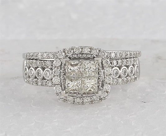 14k White Gold Princess Diamond Halo Bridal Wedding Ring Set 1 Cttw