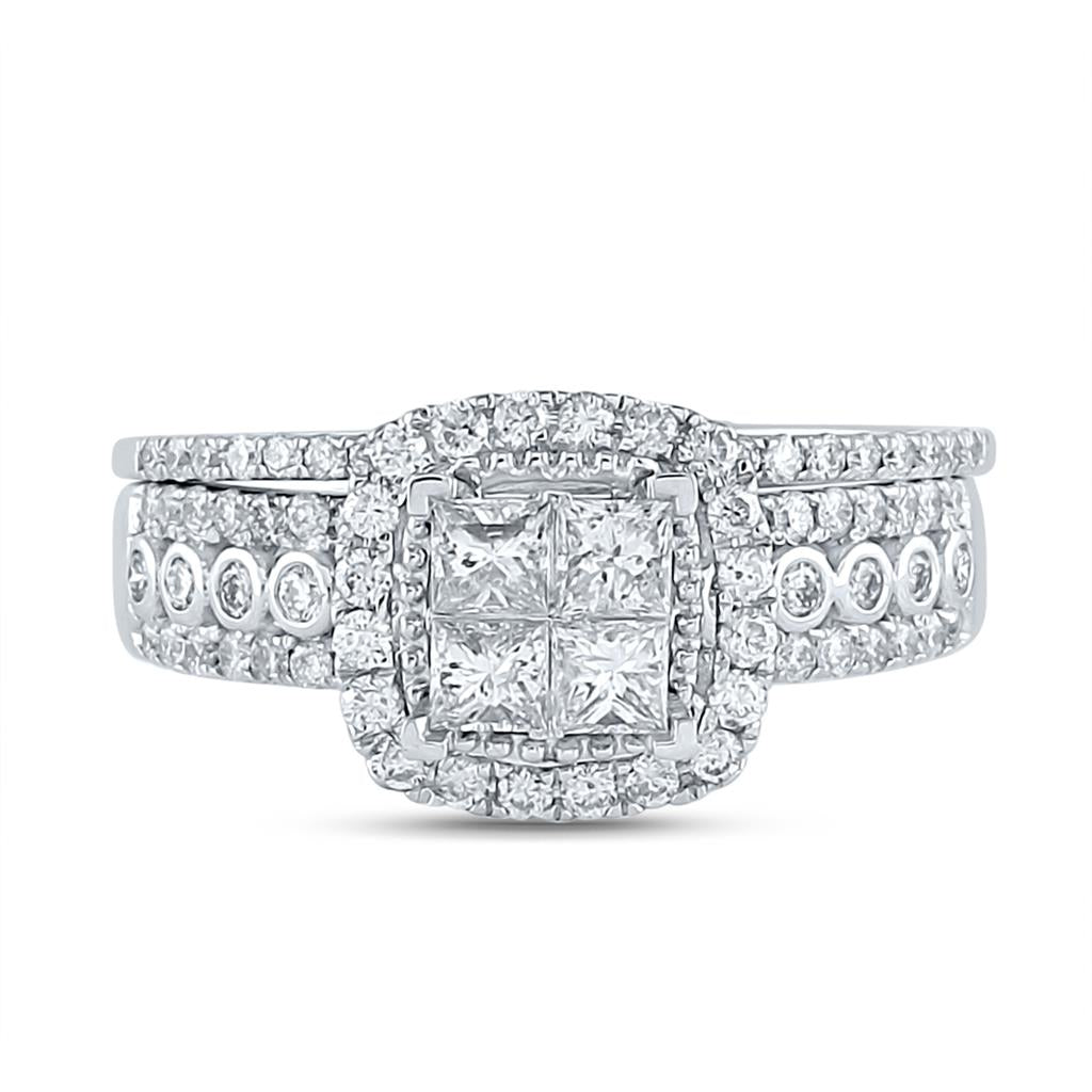 14k White Gold Princess Diamond Halo Bridal Wedding Ring Set 1 Cttw