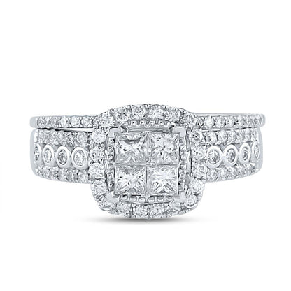 14k White Gold Princess Diamond Halo Bridal Wedding Ring Set 1 Cttw
