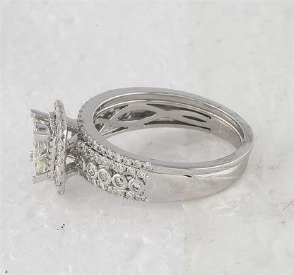 14k White Gold Princess Diamond Halo Bridal Wedding Ring Set 1 Cttw