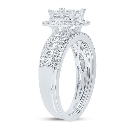 14k White Gold Princess Diamond Halo Bridal Wedding Ring Set 1 Cttw