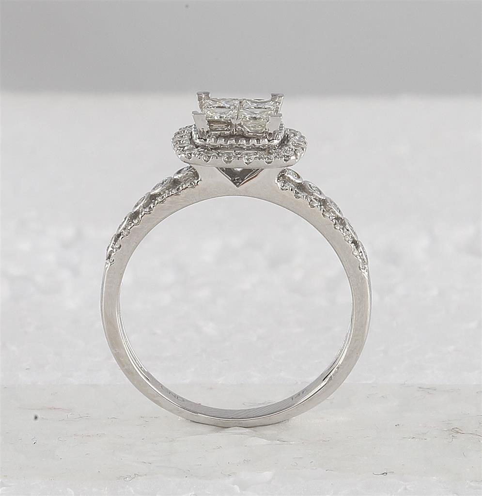 14k White Gold Princess Diamond Halo Bridal Wedding Ring Set 1 Cttw