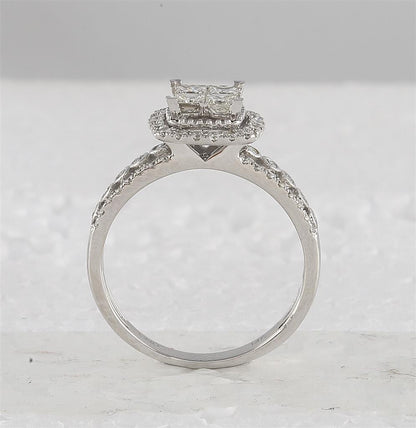 14k White Gold Princess Diamond Halo Bridal Wedding Ring Set 1 Cttw
