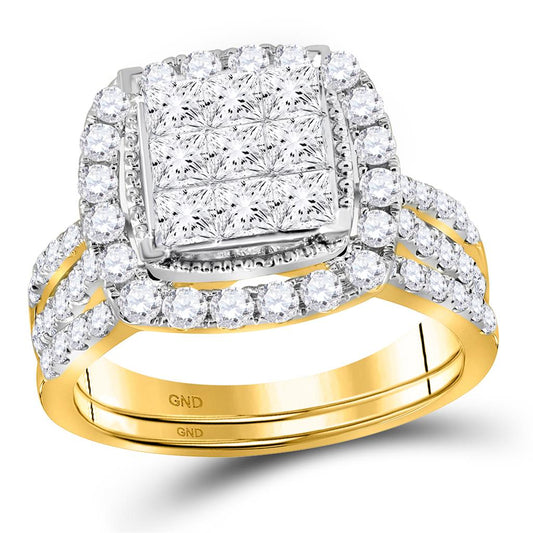 14k Yellow Gold Princess Diamond Halo Bridal Wedding Ring Set 1-3/4 Cttw