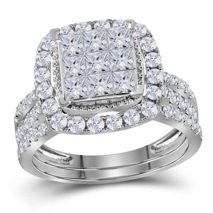 14k White Gold Princess Diamond Halo Bridal Wedding Ring Set 1-3/4 Cttw
