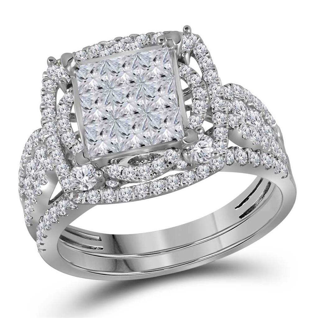 14k White Gold Princess Diamond Bridal Wedding Ring Set 2 Cttw