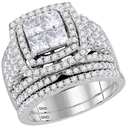 14k White Gold Princess Diamond Halo Bridal Wedding Ring Set 3 Cttw