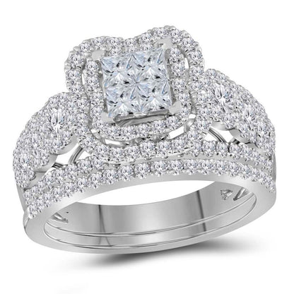 14k White Gold Princess Diamond Bridal Wedding Ring Set 1-3/4 Cttw