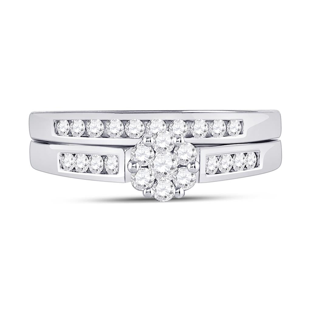 14k White Gold Round Diamond Flower Cluster Bridal Wedding Ring Set 1/2 Cttw