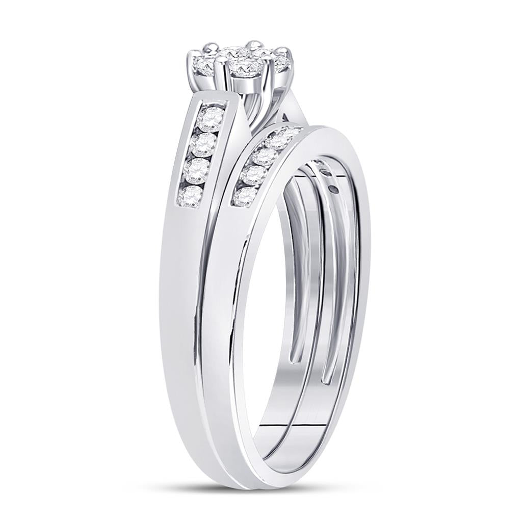 14k White Gold Round Diamond Flower Cluster Bridal Wedding Ring Set 1/2 Cttw