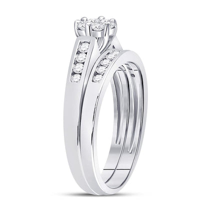 14k White Gold Round Diamond Flower Cluster Bridal Wedding Ring Set 1/2 Cttw